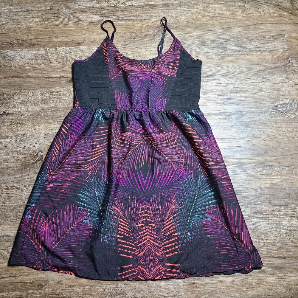 Hurley Colorful Orange Purple Green Leaves On Black Dress Women Size XL Zip Hook